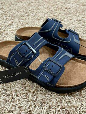 Nautica Men’s Truin Buckle Straps Cork Slide Sandals Shoes Navy, Size 8 (New)